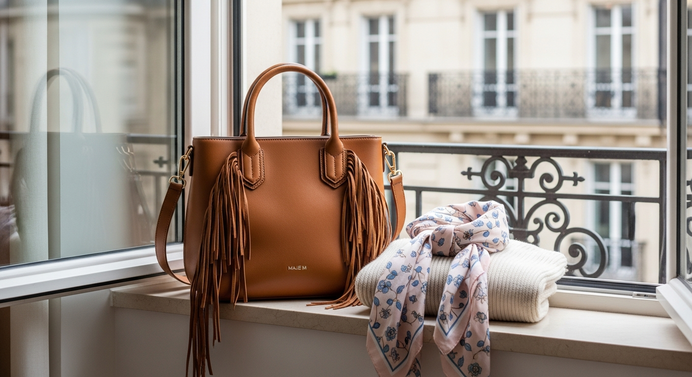 Maje M Bag styled with neutral tones and Parisian chic accessories on display