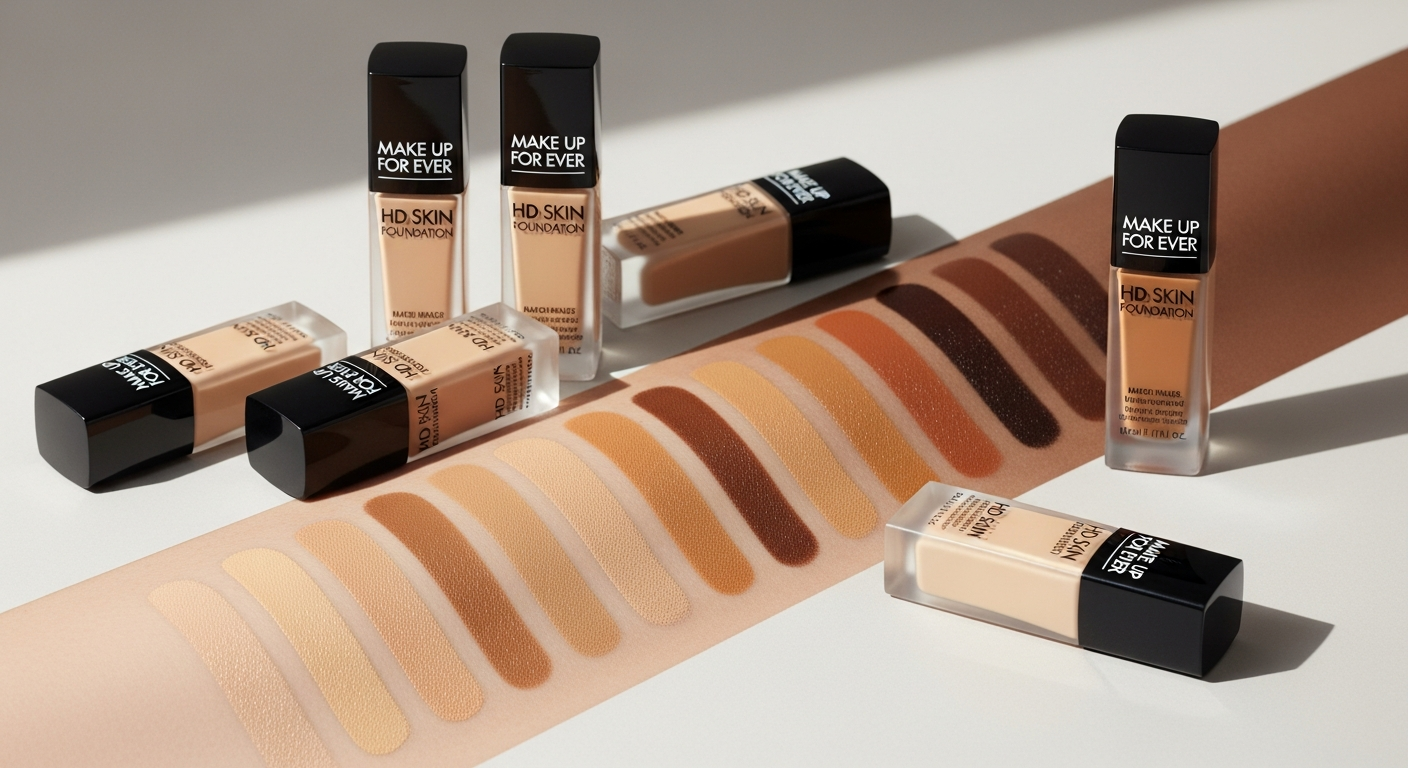 Make Up For Ever HD Skin Foundation bottle displayed with swatches showing shade range and finish