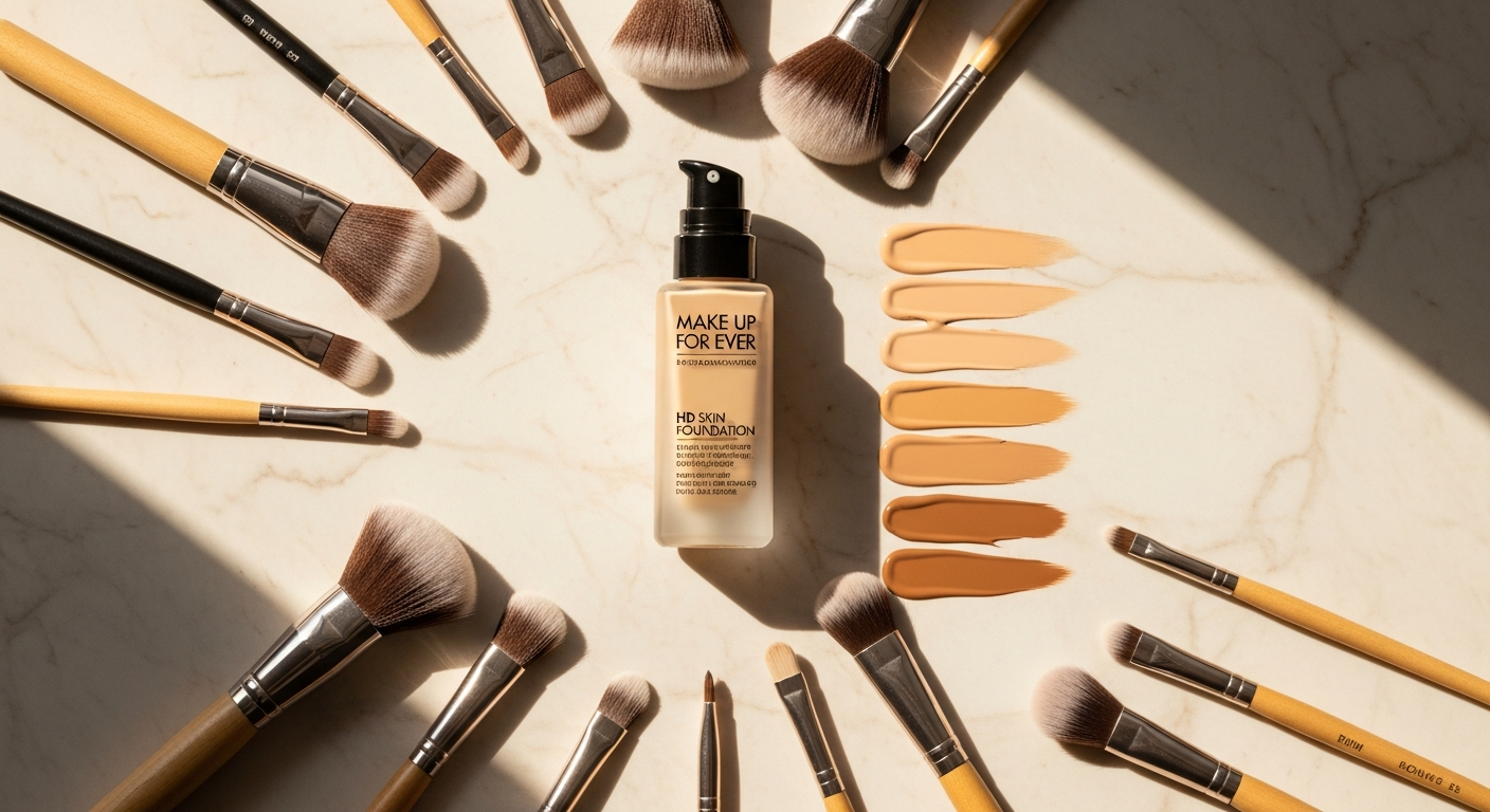 Make Up For Ever HD Skin Foundation bottle displayed with swatches on diverse skin tones