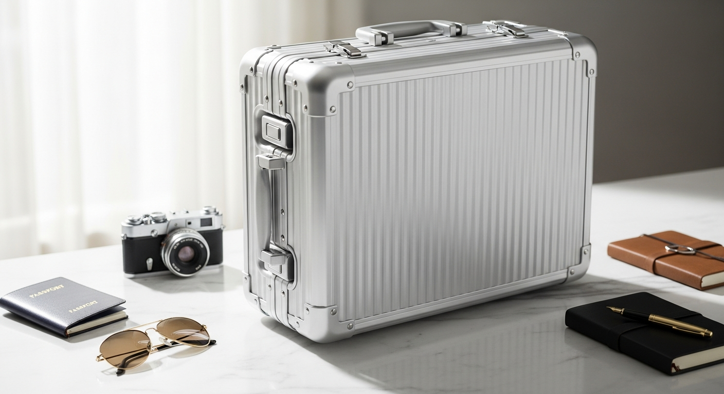Greenwich New York aluminum suitcase with metallic finish and TSA lock displayed professionally