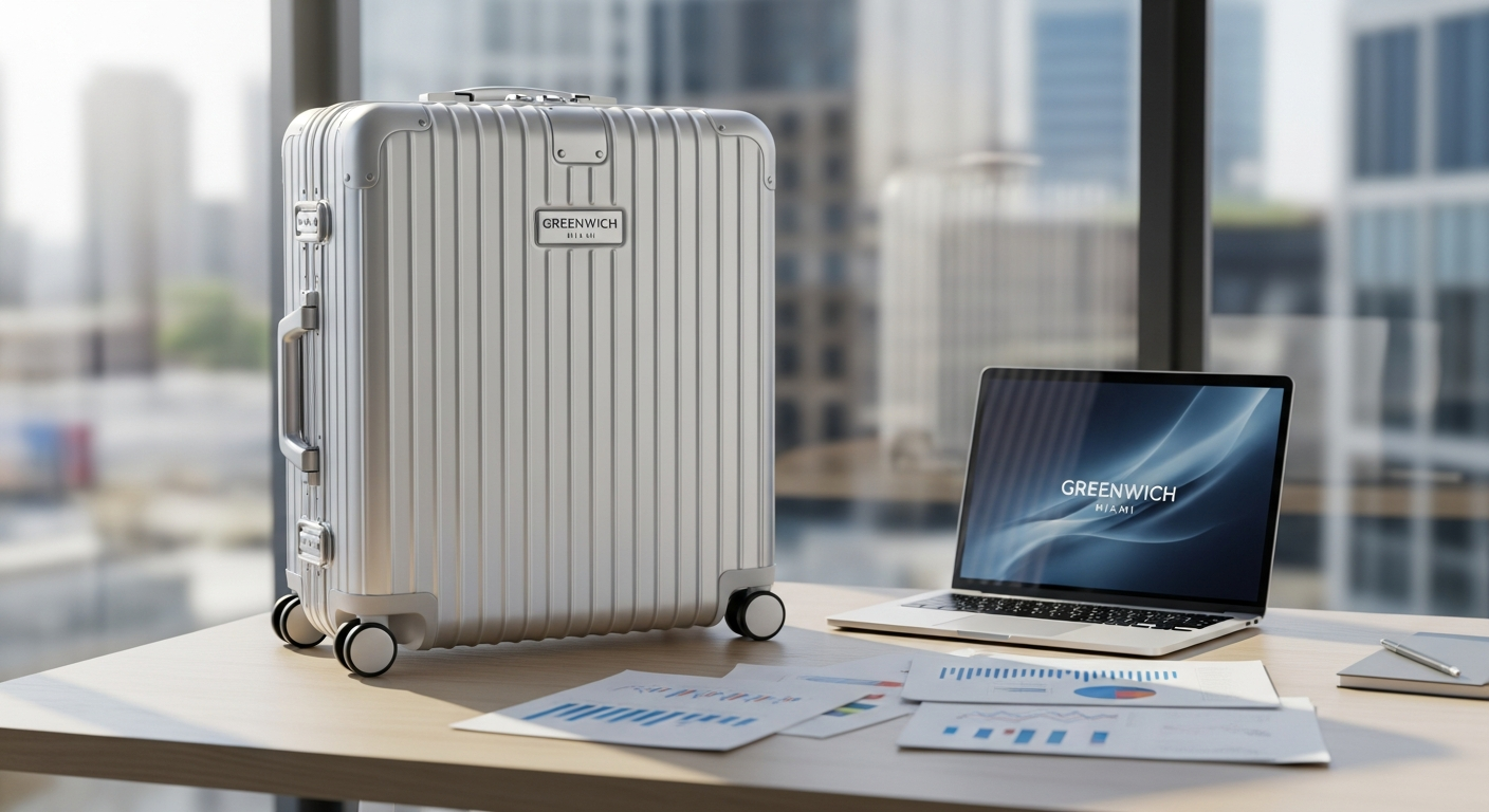 Greenwich Miami aluminum suitcase with four spinner wheels displayed in professional setting