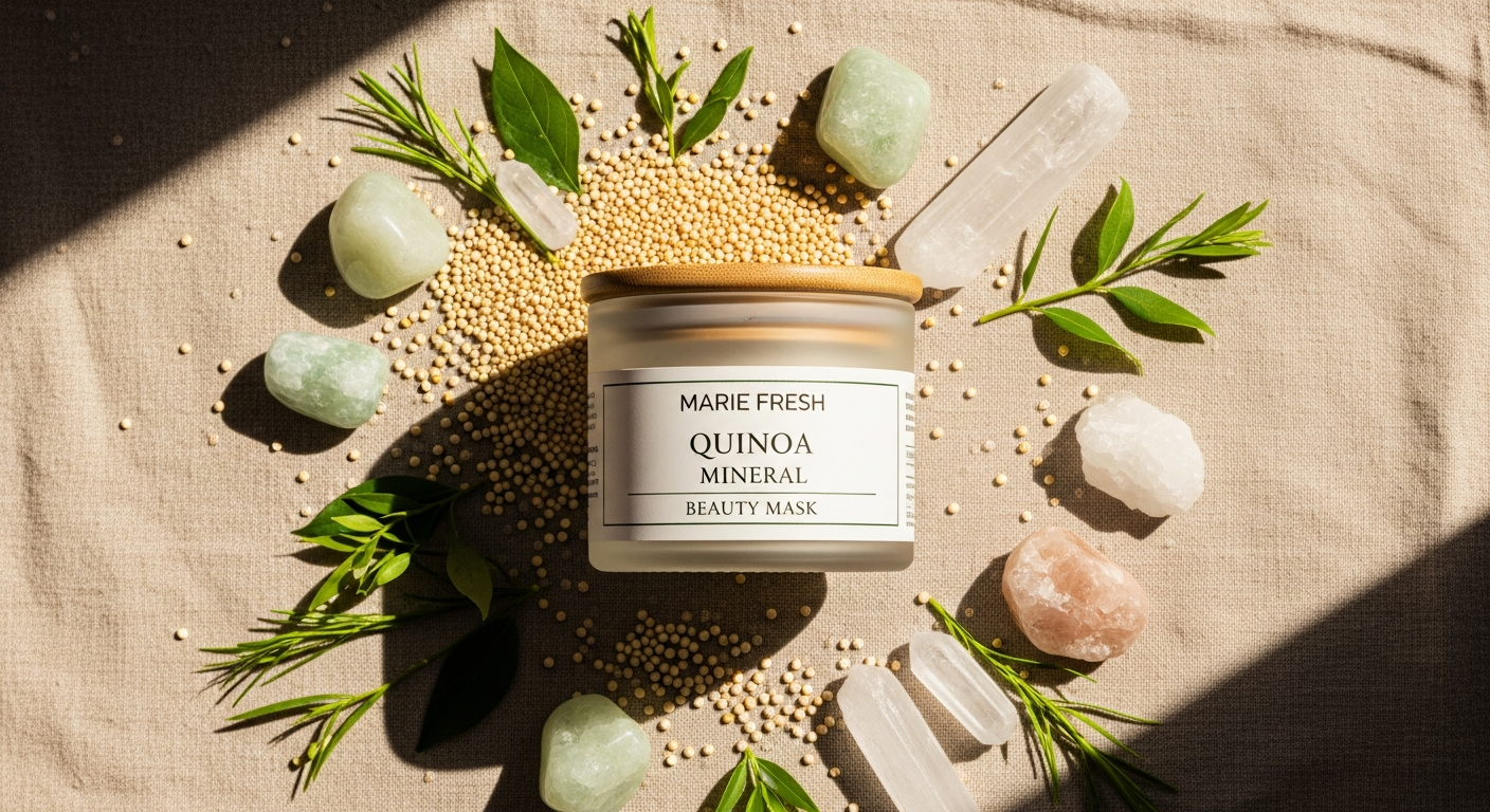 Marie Fresh Quinoa Mineral Beauty Mask in jar with quinoa grains and minerals