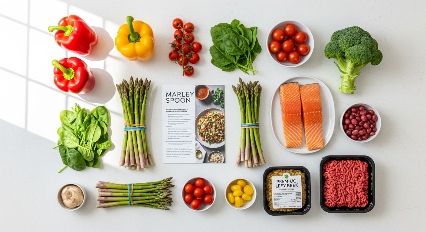 Marley Spoon AU meal kit delivery box with fresh ingredients and recipe card