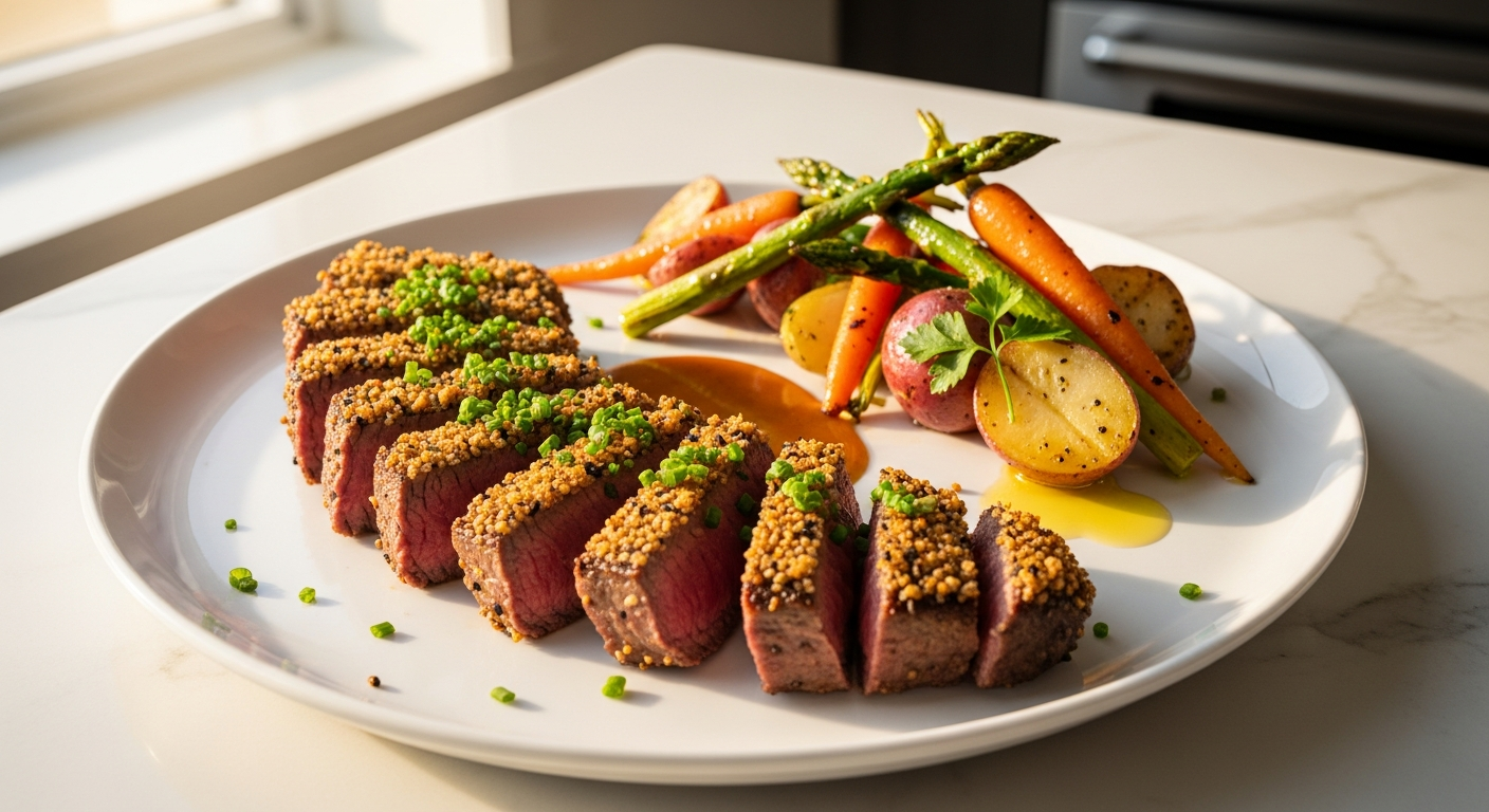 Everything bagel crusted sirloin steak plated with fresh vegetables and garnish