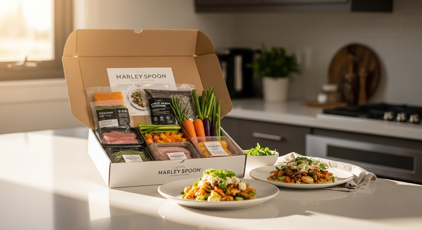 Marley Spoon meal kit with fresh pre-portioned ingredients and recipe card