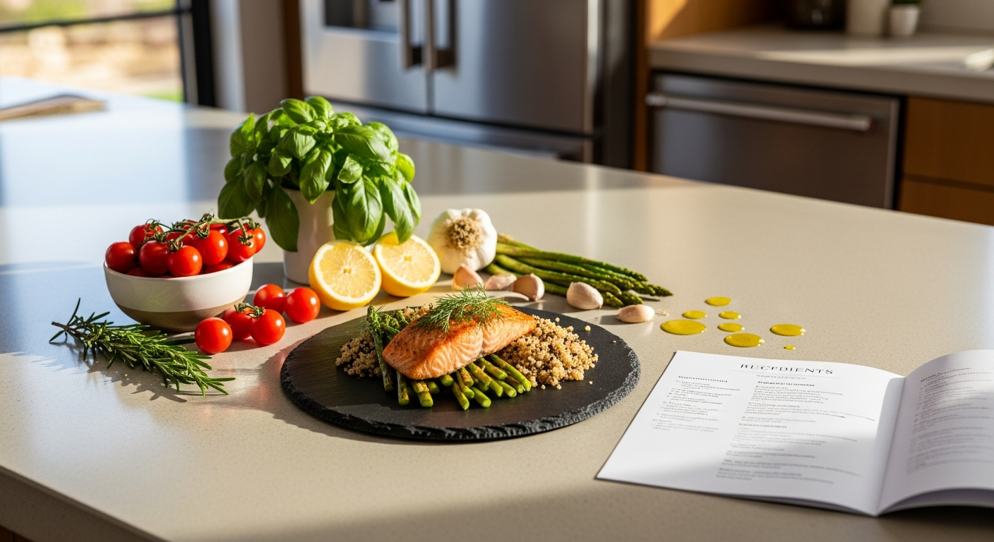Marley Spoon meal kit box with fresh ingredients and chef-designed recipe cards displayed