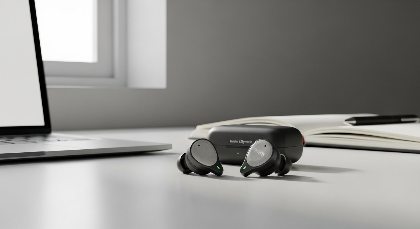 Master & Dynamic MW08 true wireless earbuds in ceramic finish with premium stainless steel charging case