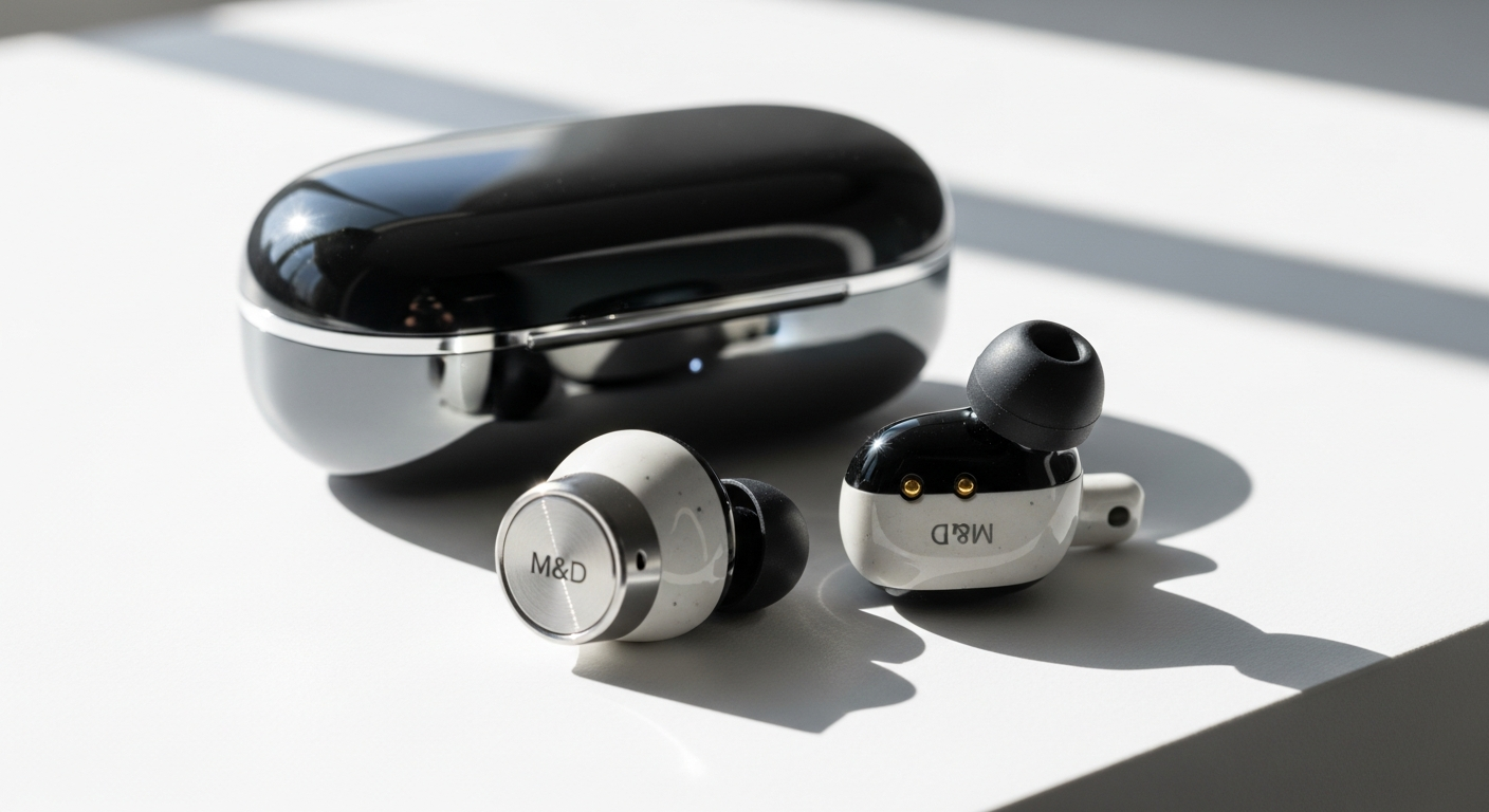 Master & Dynamic MW08 premium earbuds in ceramic and aluminum with charging case
