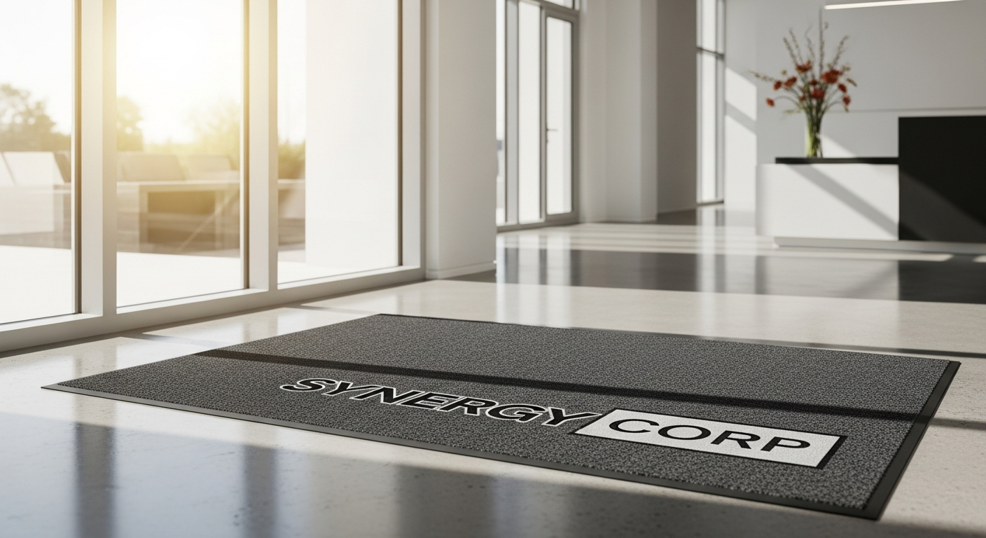 Premium custom dirt-trapping mat with non-slip backing in modern commercial entrance