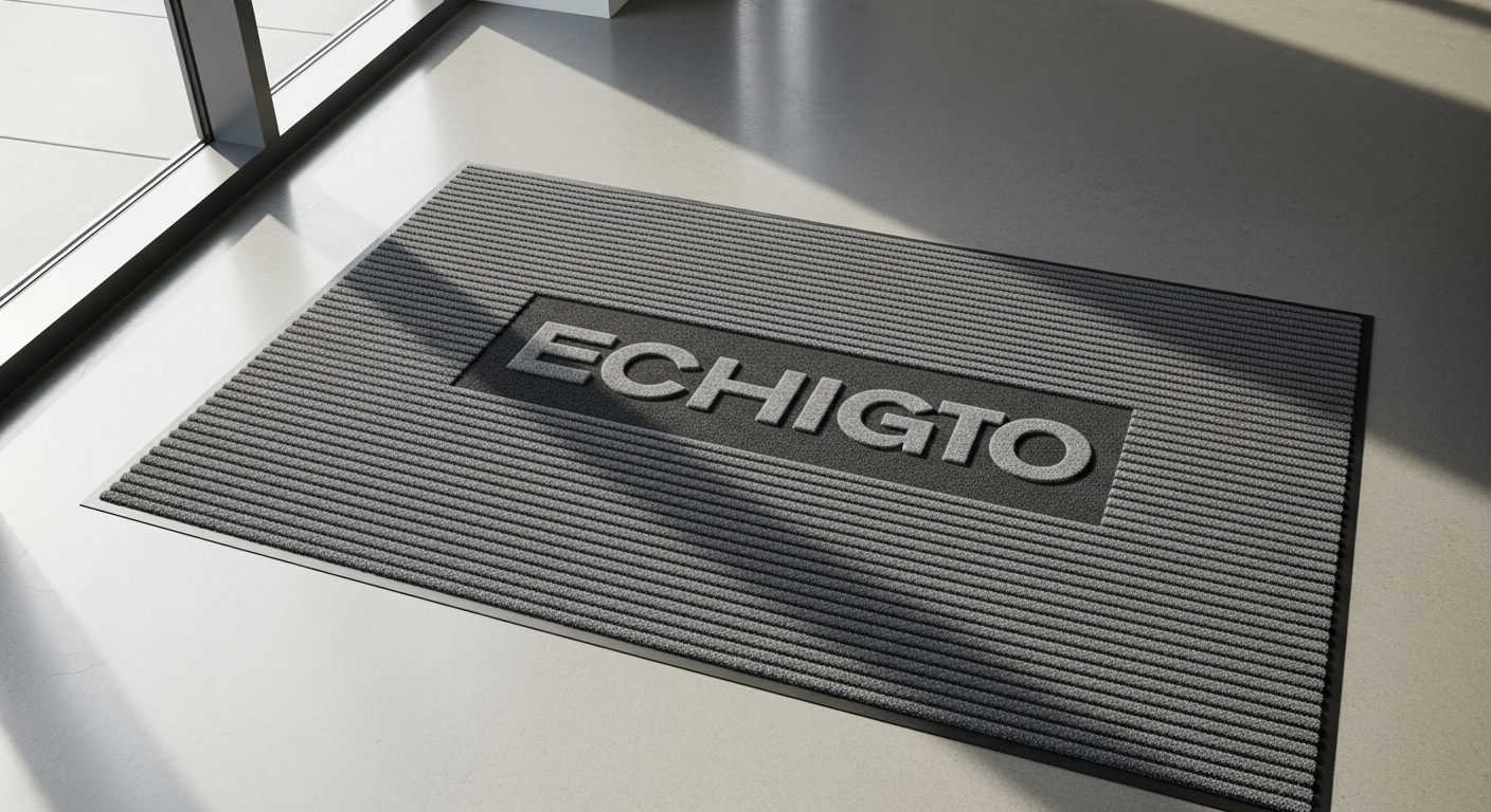 Custom logo entrance mat with company branding in commercial office building entrance