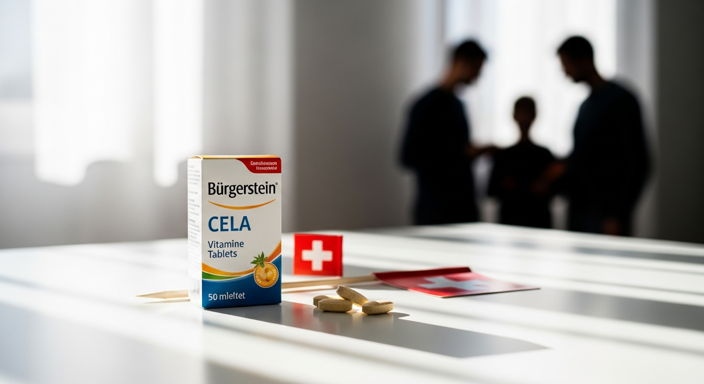 Burgerstein Multivitamin-Mineral CELA tablets displayed with fresh vegetables and fruits representing comprehensive nutrition