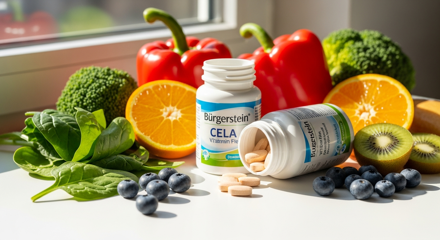 Burgerstein Multivitamin-Mineral CELA Tablets displayed with fresh vegetables and fruits