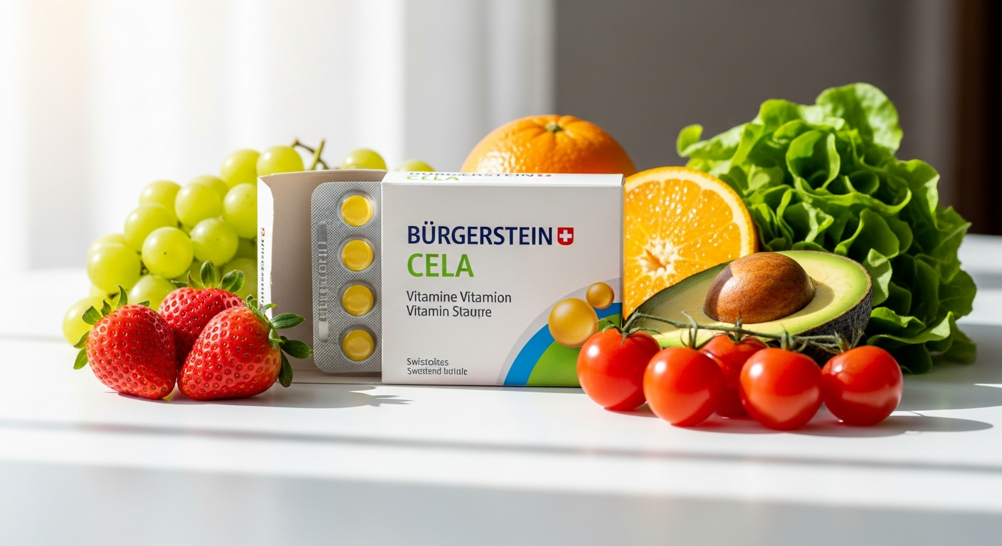 Burgerstein Multivitamin-Mineral CELA tablets displayed with fresh vegetables and fruits