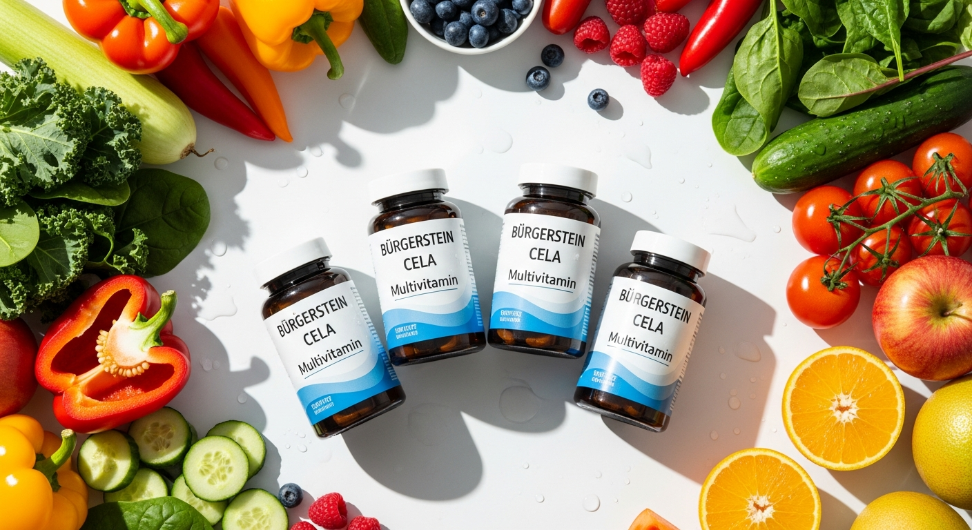 Burgerstein Multivitamin-Mineral CELA tablets in a white bottle with Swiss pharmaceutical branding