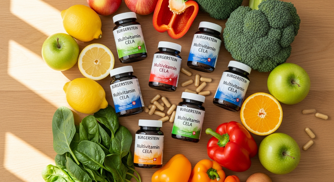 Burgerstein Multivitamin-Mineral CELA tablets in a white bottle with Swiss pharmaceutical branding