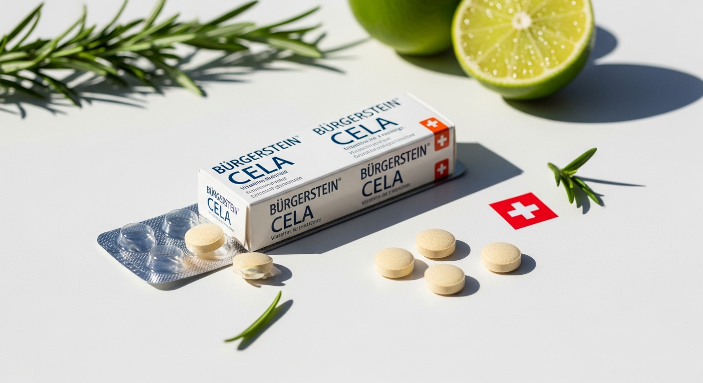 Burgerstein Multivitamin-Mineral CELA Tabletten supplement bottle displayed with fresh vegetables and fruits