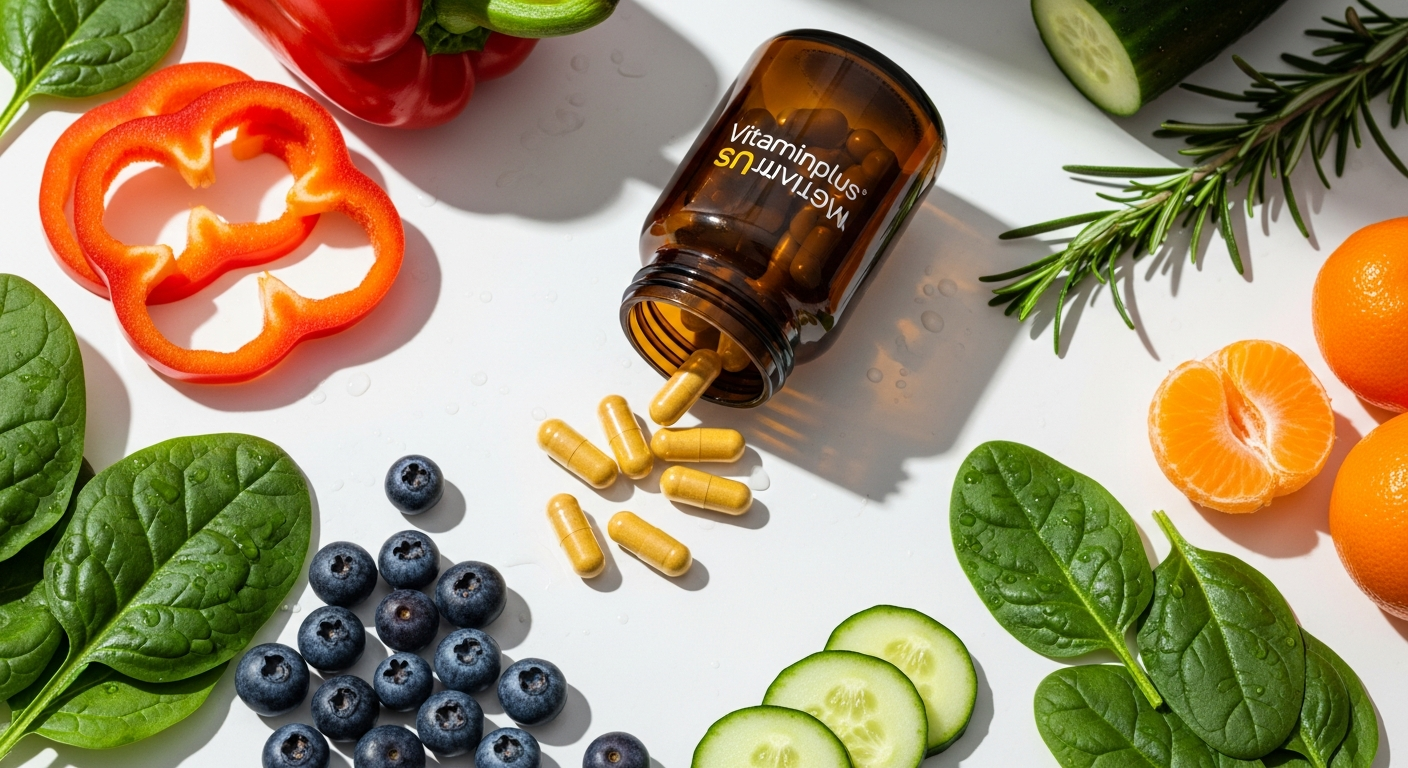 Vitaminplus Multivitamin Kapseln bottle with plant-based capsules displayed on white background