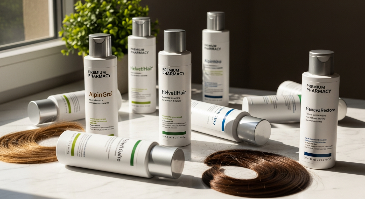 Hair loss treatment products displayed at Swiss online pharmacy with specialized shampoos