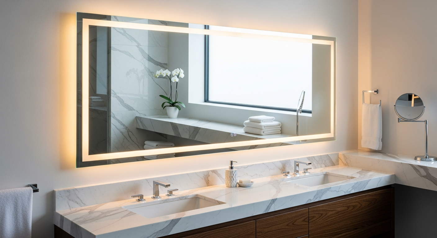 Luxurious Mirlux Hollywood Mirror with LED lighting and Bluetooth speaker in modern bathroom