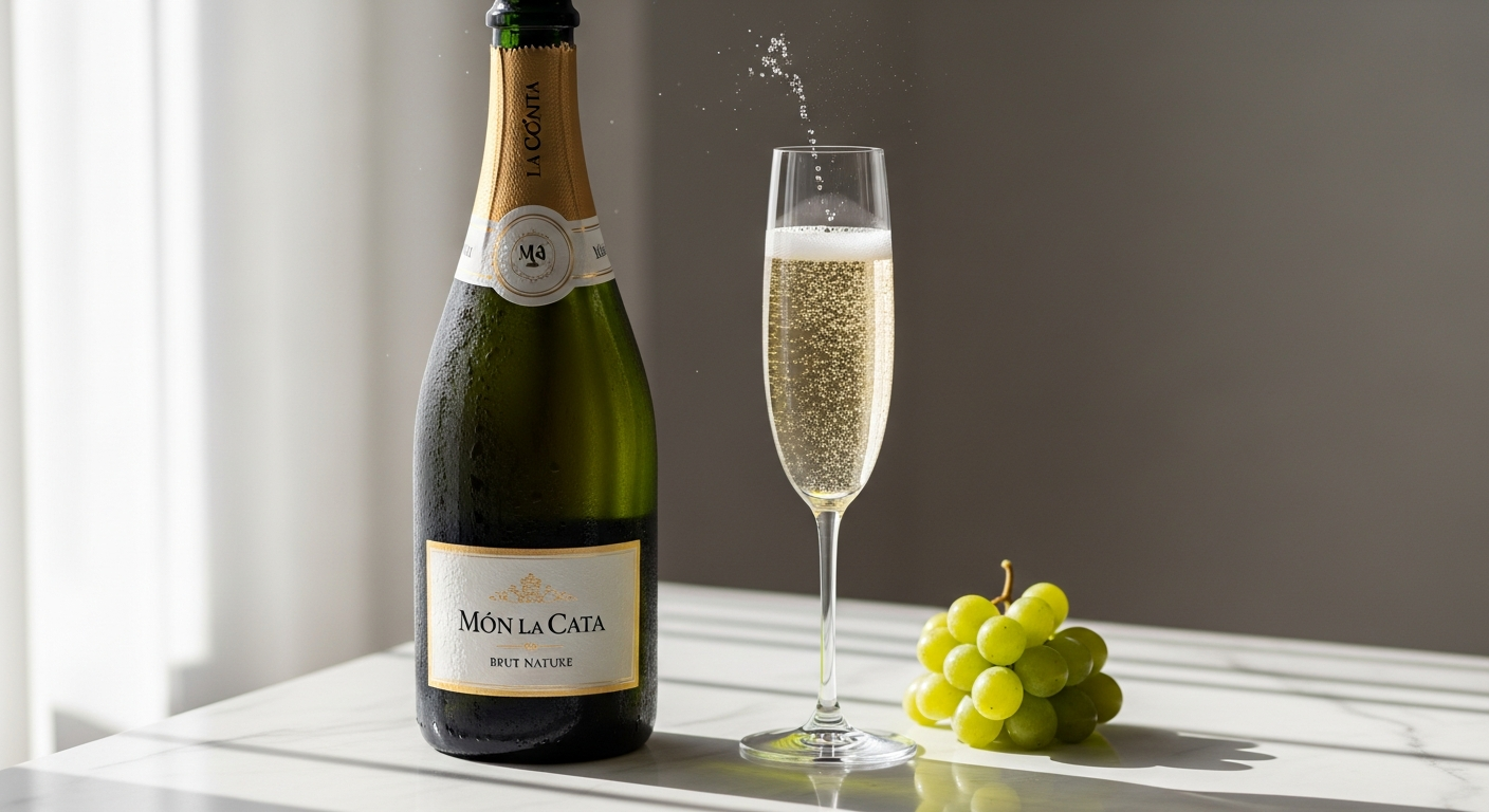 Món La Cata Brut Nature Cava bottle with condensation on glass against vineyard backdrop