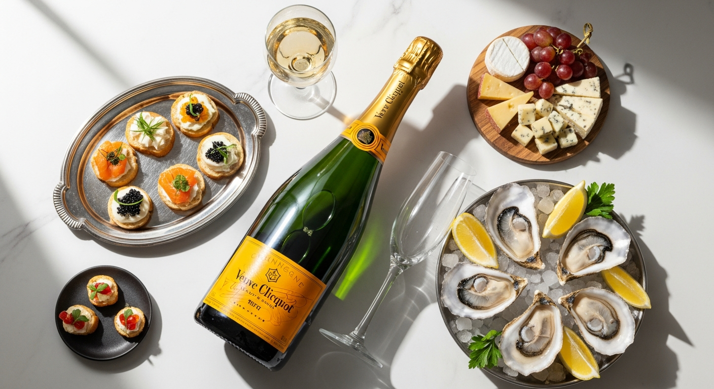 Golden Veuve Clicquot Yellow Label Brut Champagne bottle with elegant flute glasses