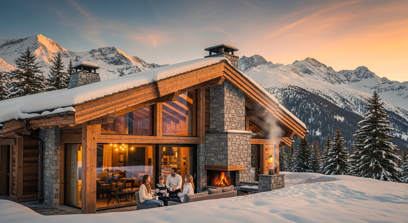 Mountain chalet in French Alps with snow-covered peaks and valley views