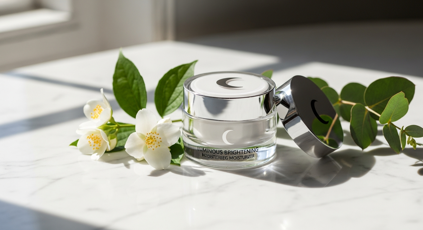 Moon And Skin Hyaluronic Brightening Moisturizer jar displayed with brightening ingredients