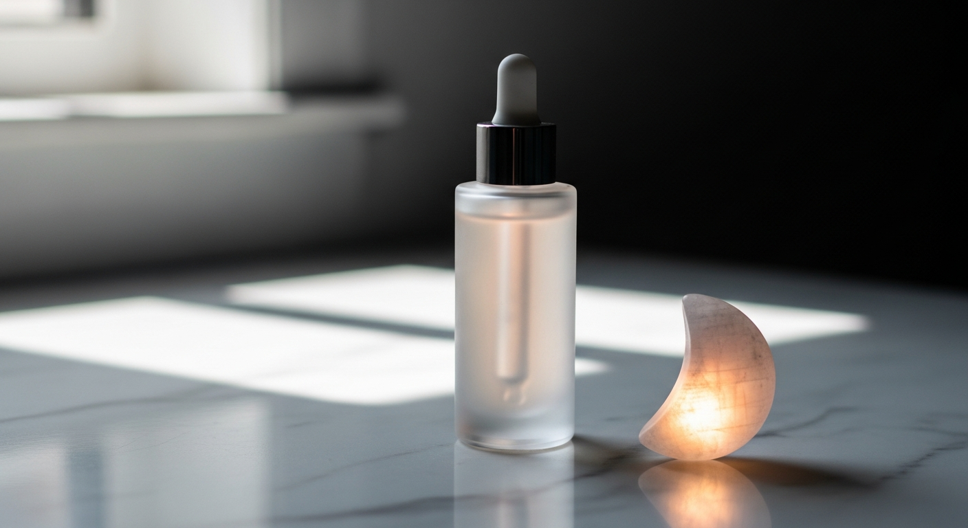 Moon And Skin Stem Cell C Serum bottle with plant ingredients and glowing skin backdrop
