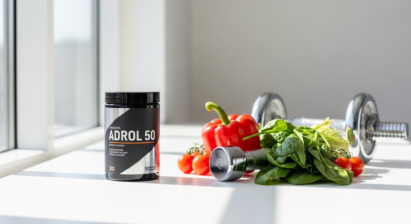 Muscle Research ADROL 50 legal anabolic supplement bottle with natural ingredients displayed