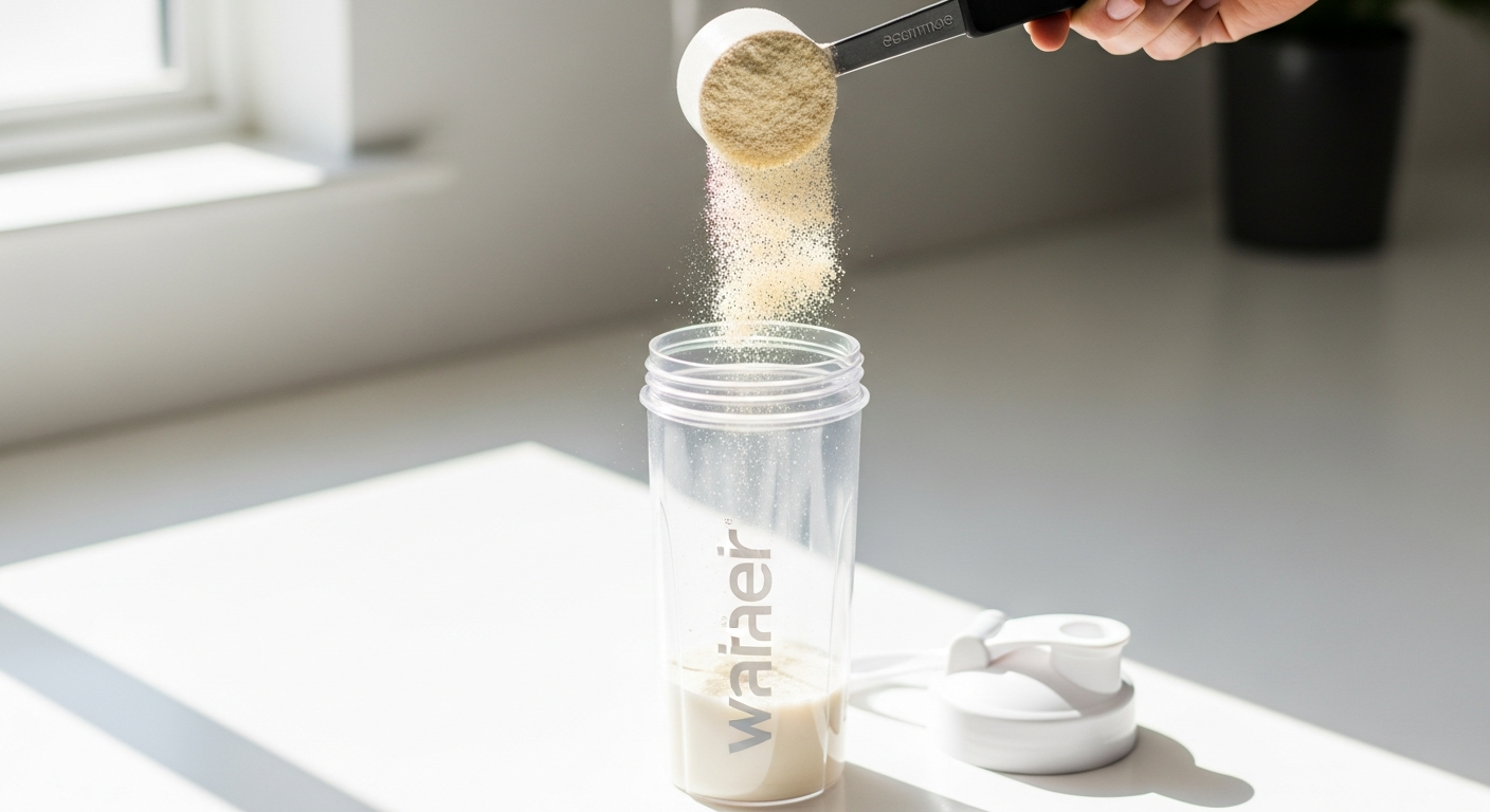 Myprotein Impact Whey Protein powder scoop with nutritional information displayed