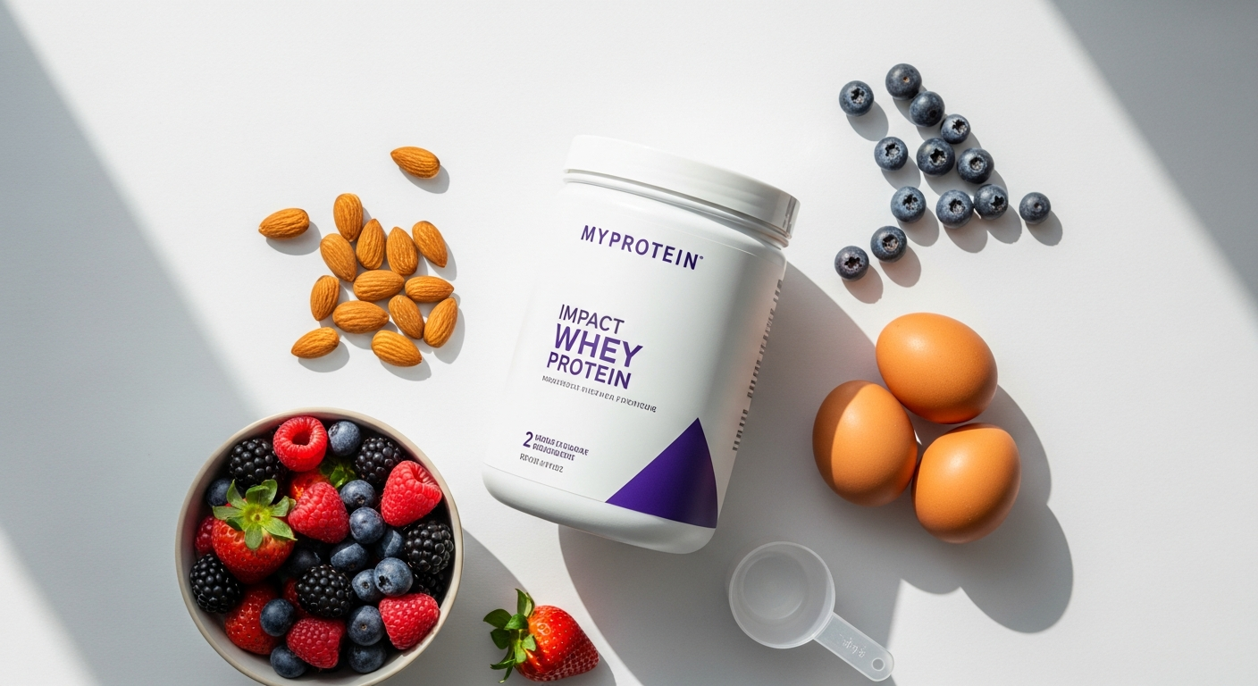 Myprotein Impact Whey Protein Powder scoop with powder and shaker bottle displayed