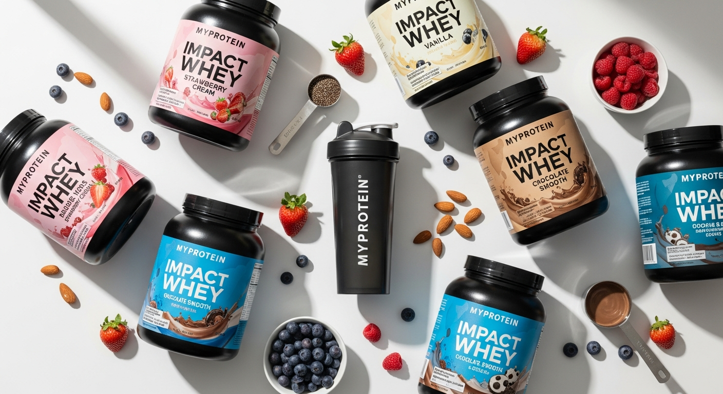 Myprotein Impact Whey Protein Powder scoops displayed with nutritional information and flavor varieties