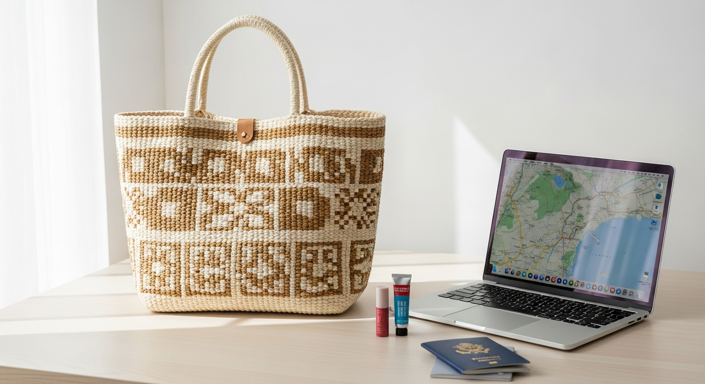Naghedi St. Barths woven neoprene tote bag in neutral color displayed on beach