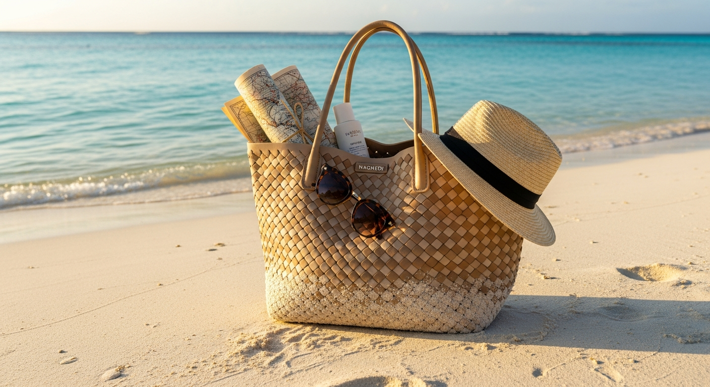 Naghedi St. Barths woven neoprene tote bag in neutral color displayed on white background