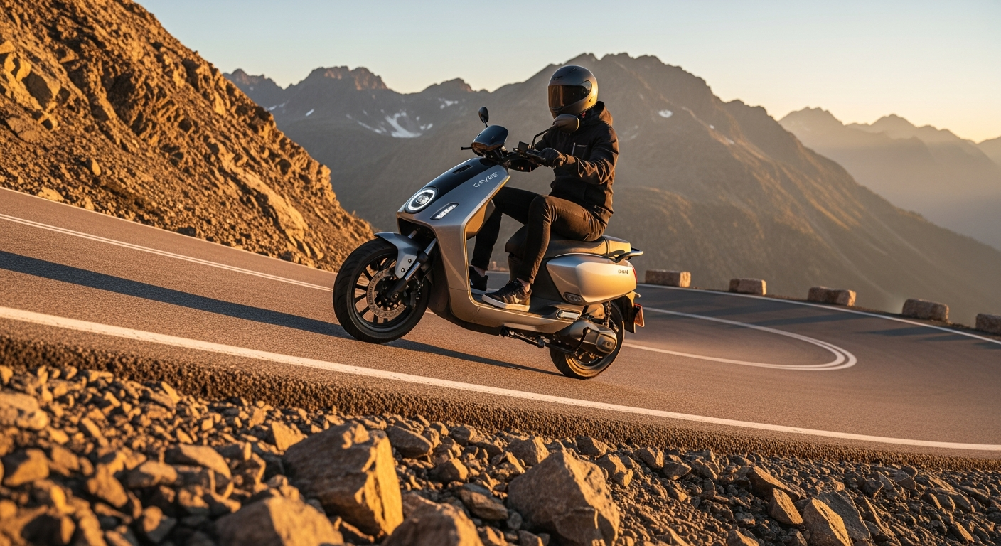 Navee GT3 Max electric scooter climbing steep urban hill with rider