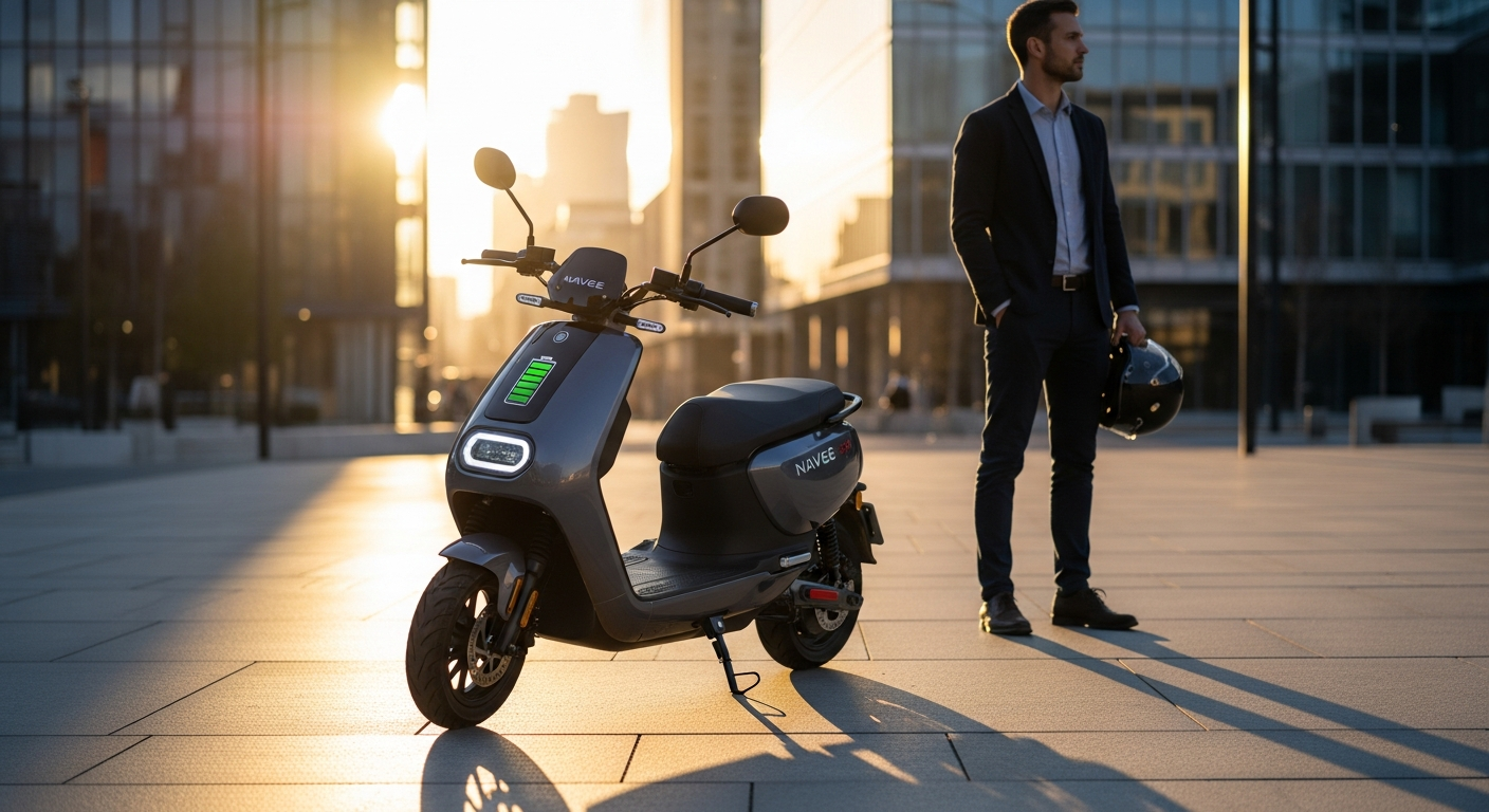 Navee ST3 Pro electric scooter displayed on urban street with suspension system visible