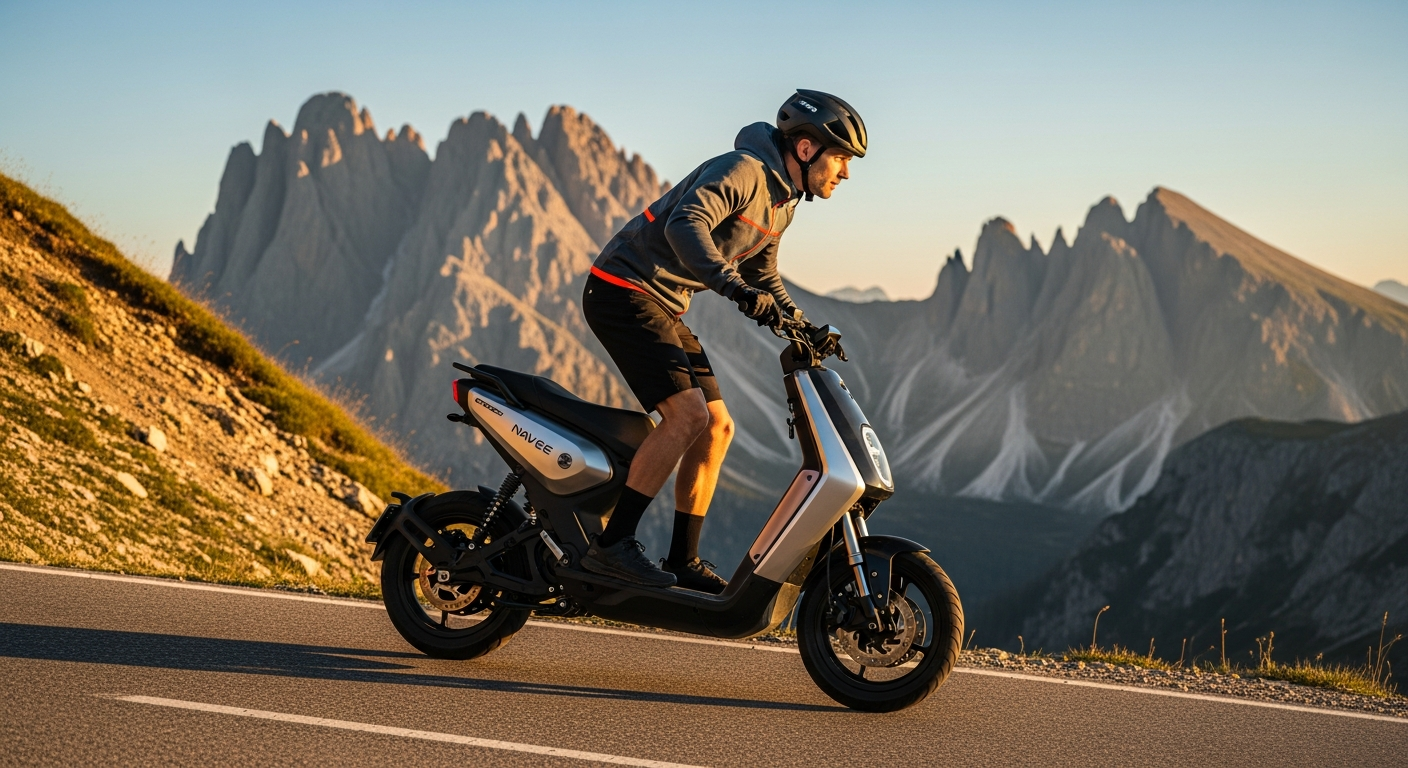 Navee ST3 Pro electric scooter climbing steep urban hill with city buildings