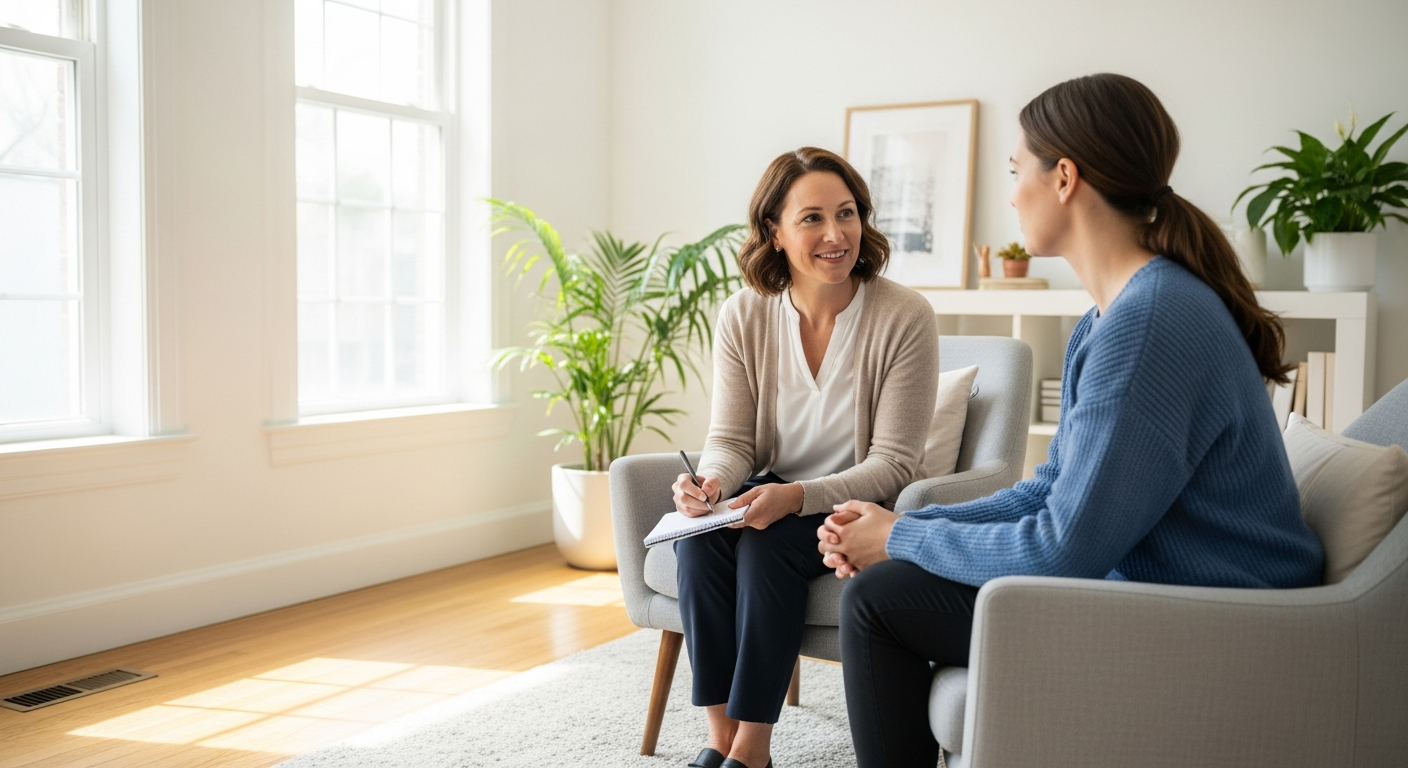 Woman in therapy session discussing childhood trauma and emotional healing with therapist