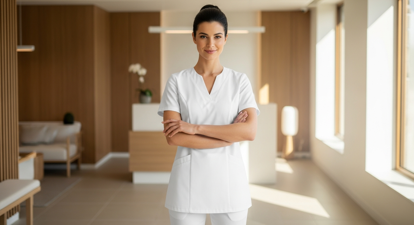 Women's Signature Jada Tunic with asymmetrical zipper in black professional spa uniform