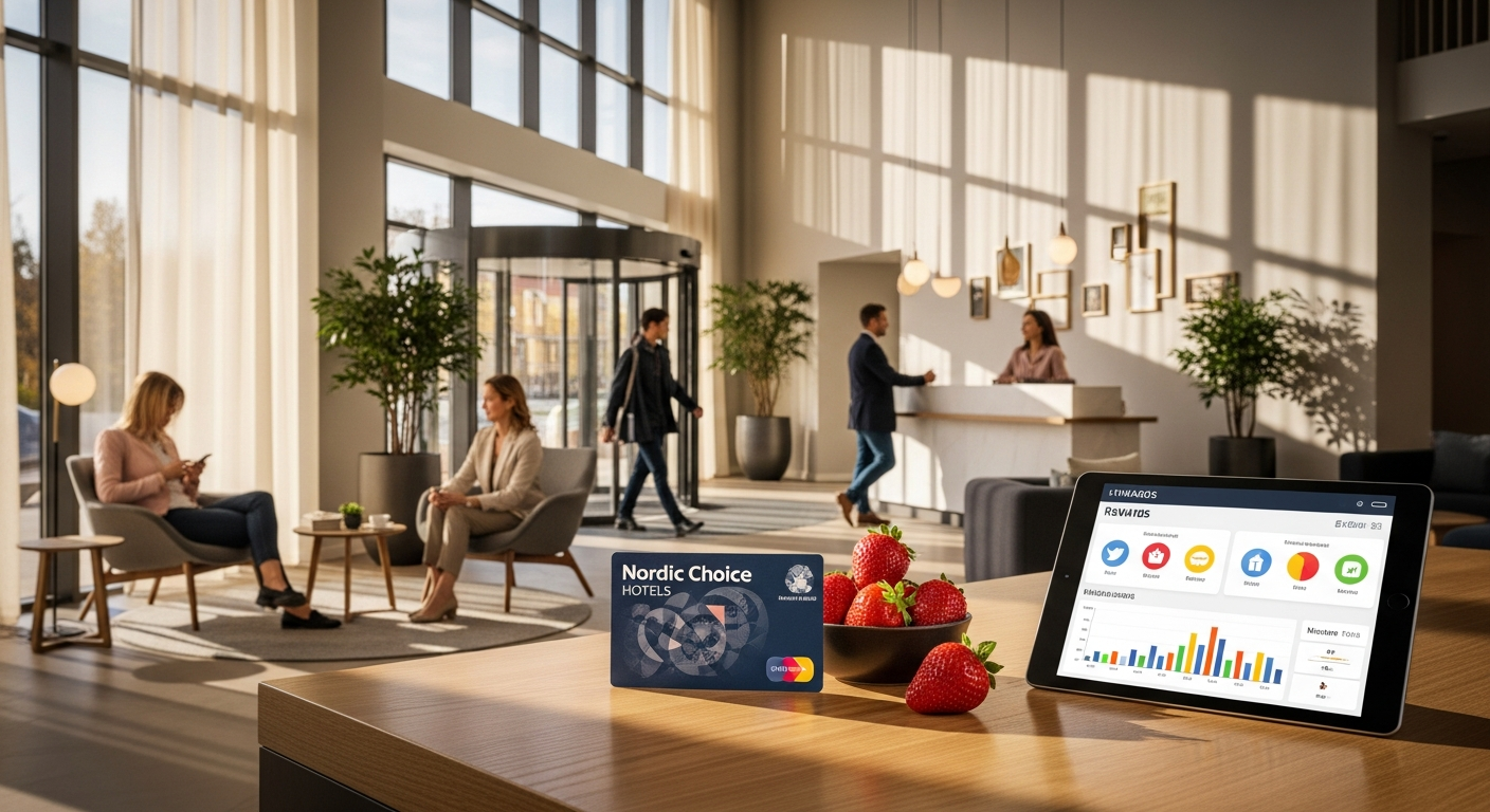 Strawberry loyalty program membership card with Nordic hotel benefits displayed