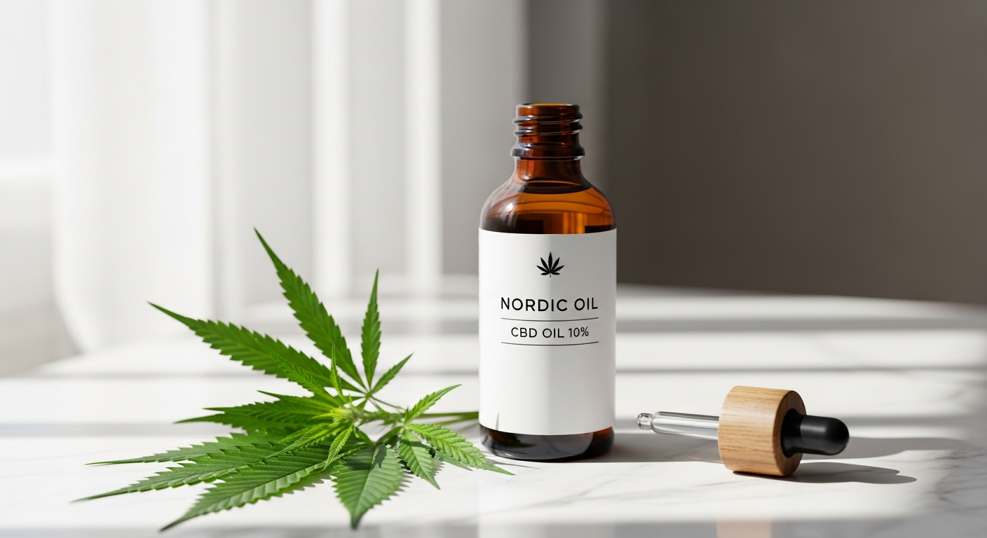 Nordic Oil CBD Oil 10% bottle with hemp leaves and wellness background