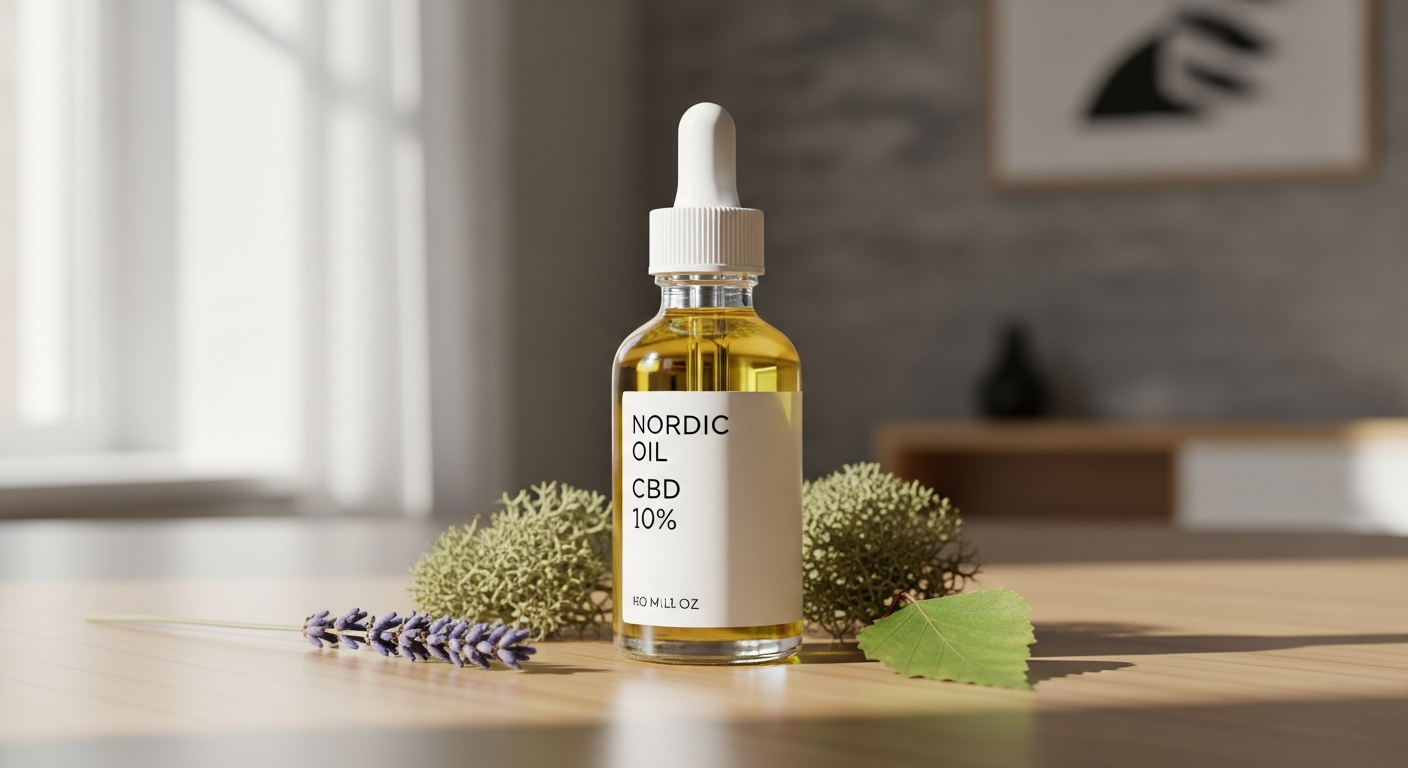 Nordic Oil CBD Oil 10% Full Spectrum bottle with golden liquid and dropper on white background