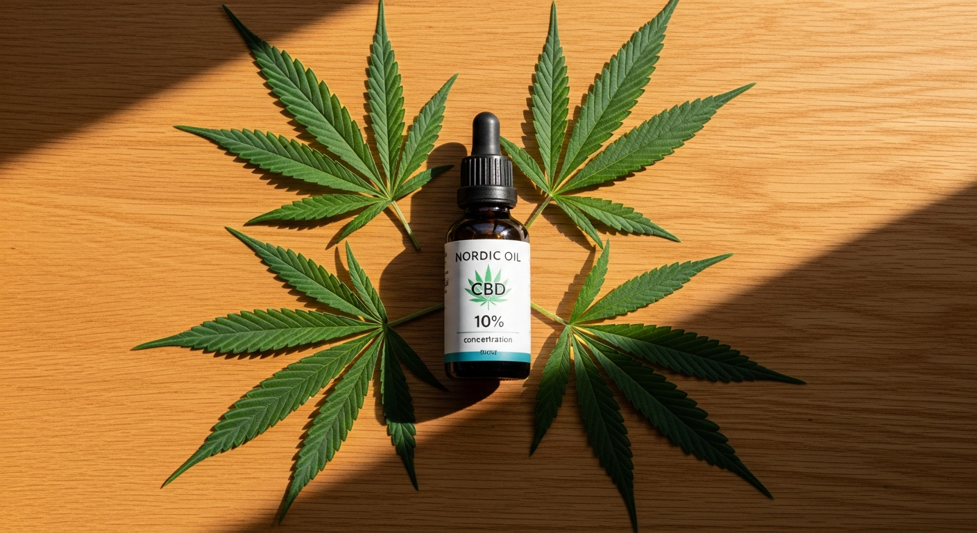 Nordic Oil CBD Oil 10% bottle with dropper on wooden surface with hemp leaves