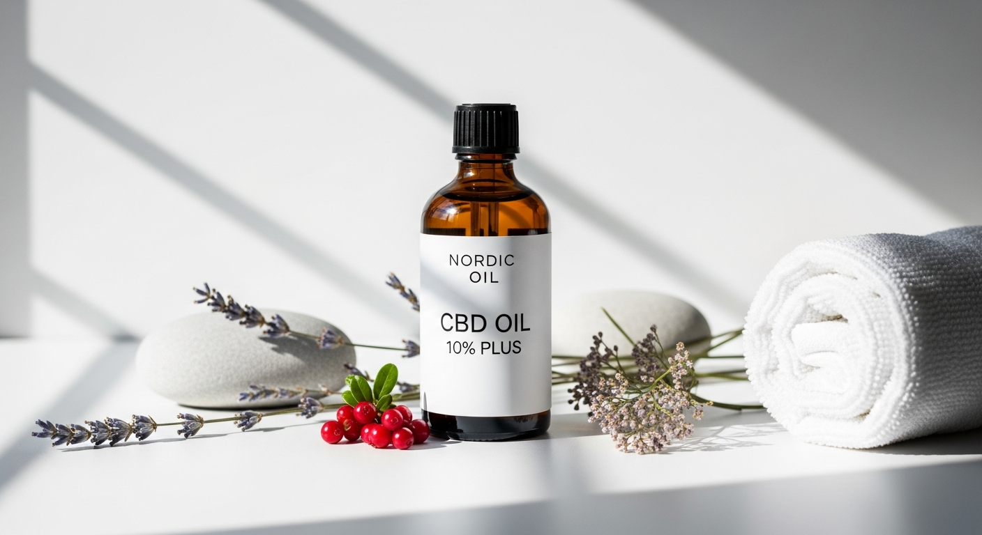 Nordic Oil CBD Oil 10% PLUS bottle with dropper on white background
