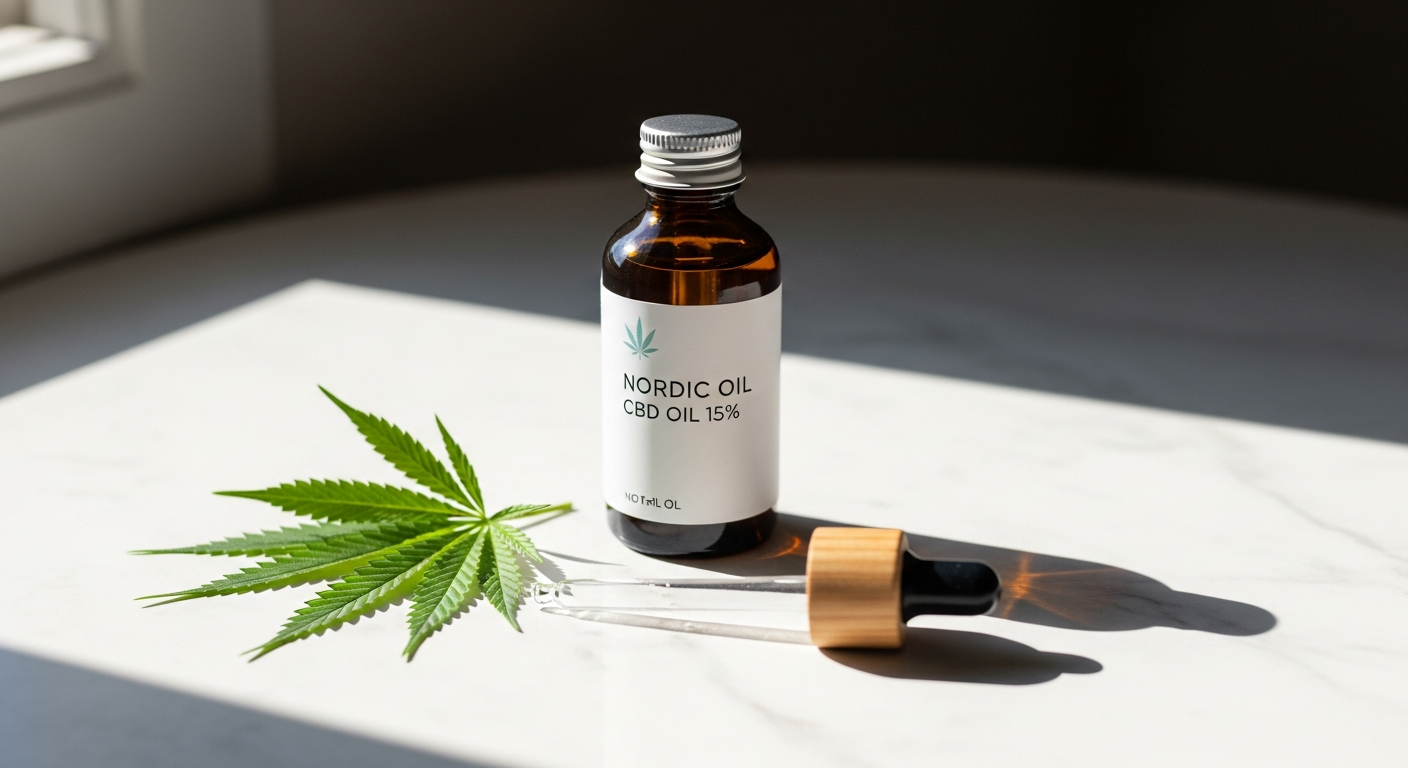 Nordic Oil CBD Oil 15% Classic bottle with hemp leaves and dropper on white background
