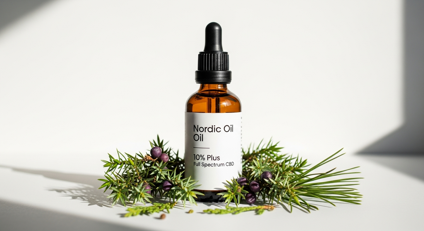 Nordic Oil 10% PLUS Full Spectrum CBD Oil bottle with golden liquid and dropper on white background