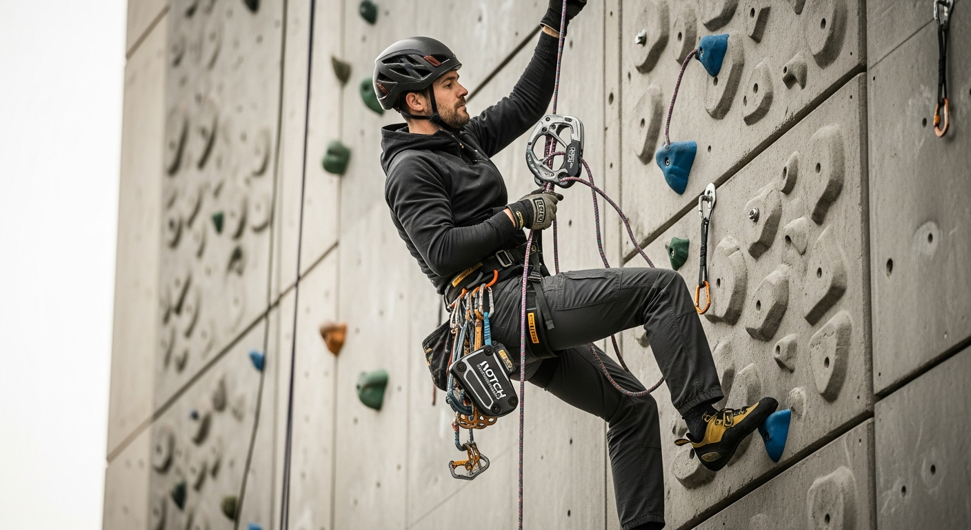Professional arborist using Notch Rope Runner Vertec climbing device in tree canopy
