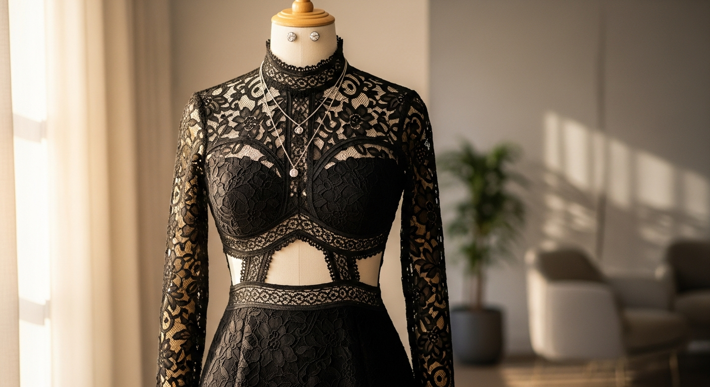 Black lace cut out mini dress on model showcasing contemporary design