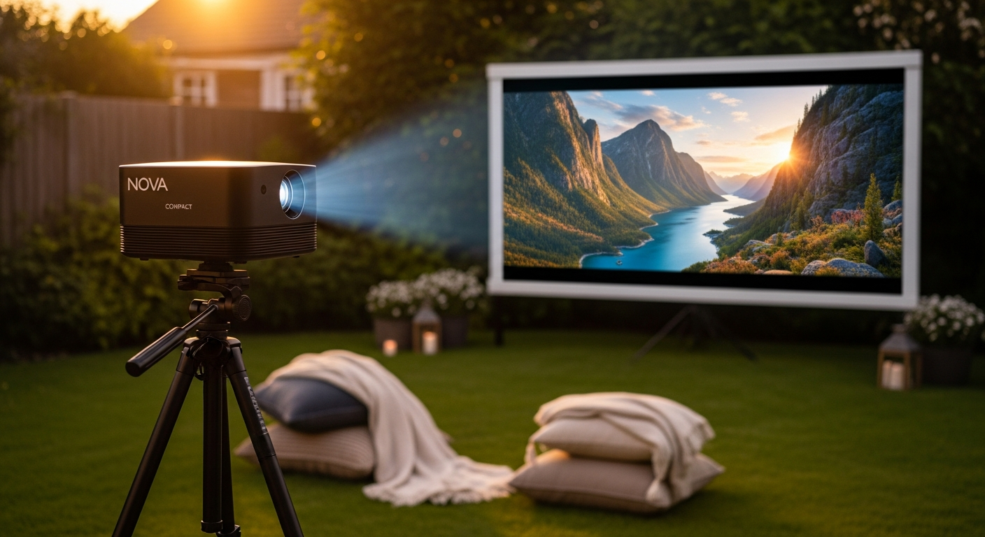 Nova Compact Portable HD Projector projecting movie on outdoor backyard screen at night