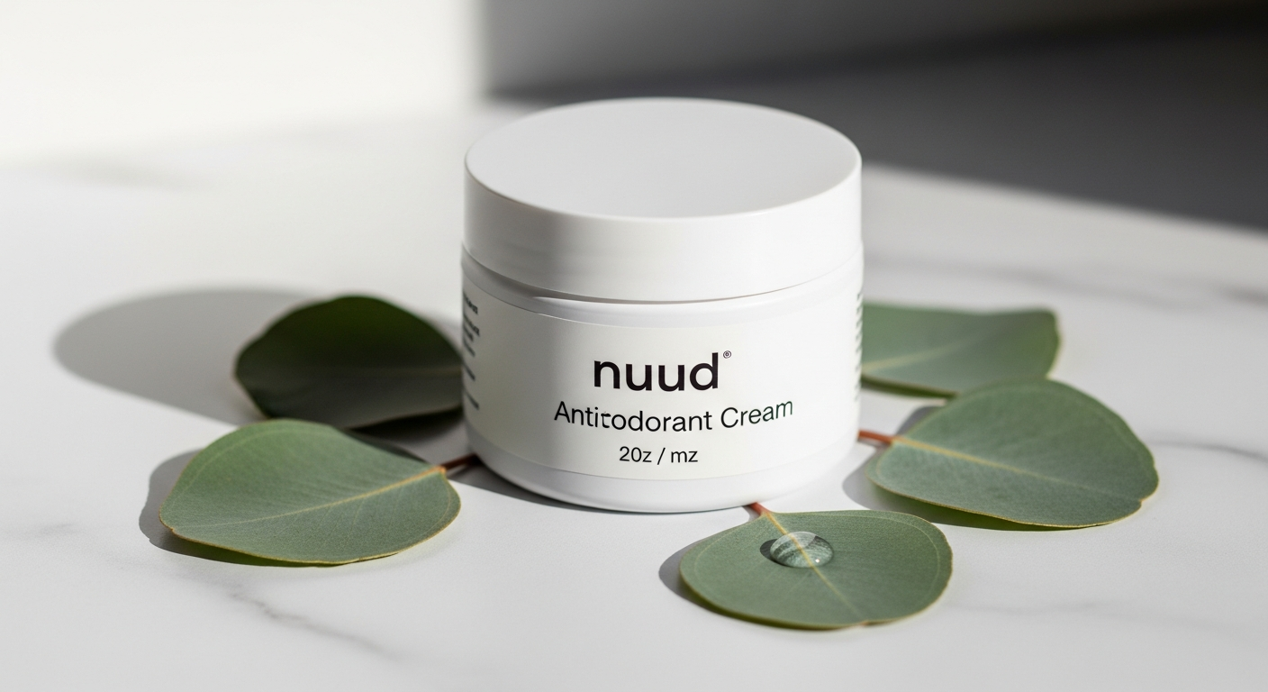 Nuud Anti-Odorant Cream jar with microsilver formula on white background